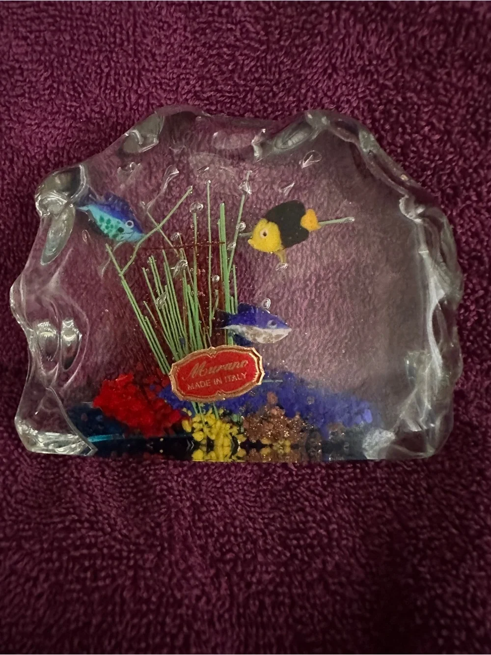 Murano Multicolor Glass Aquarium Sculpture with Blue, Green, Yellow and Red Fish